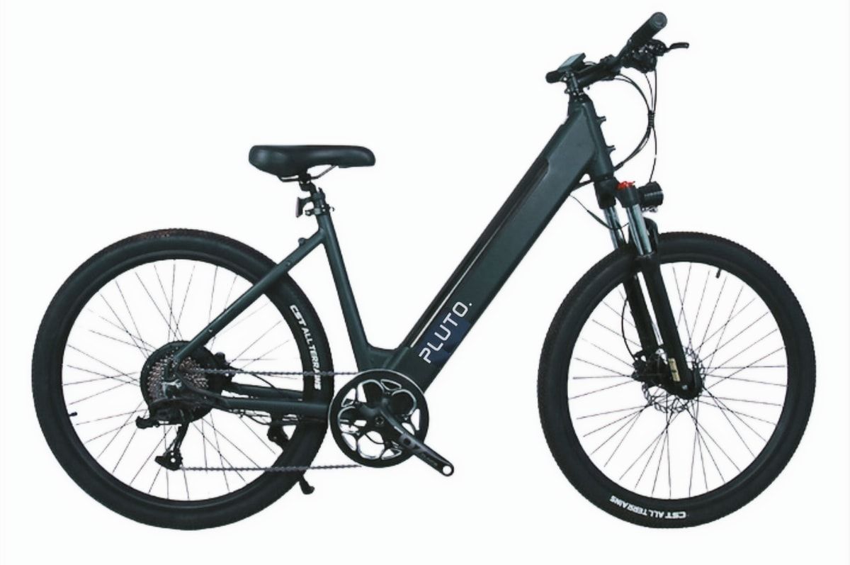 A grey PLUTO step-through e-bike
