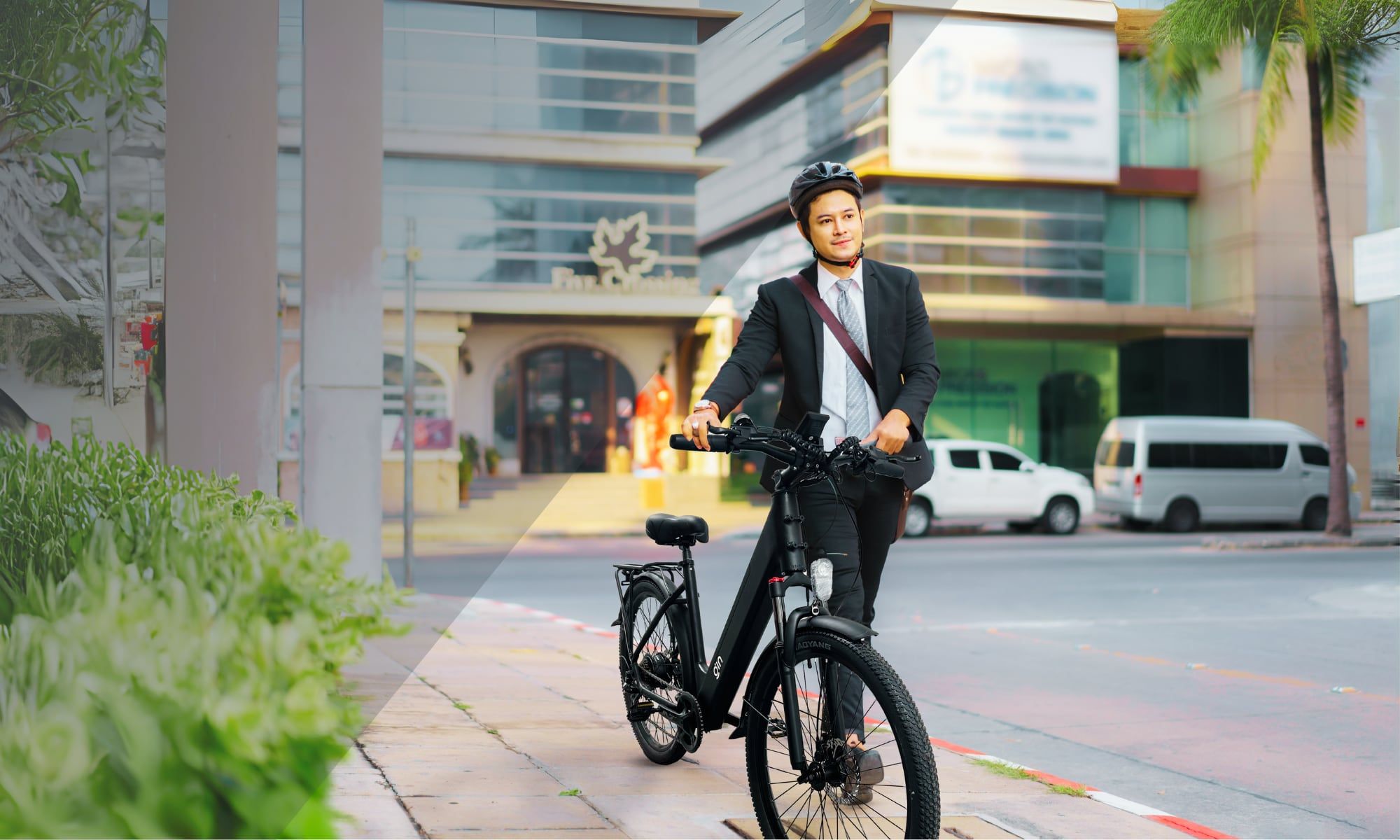 A commuter in a suit and helmet with a PLUTO step-through e-bike in the city